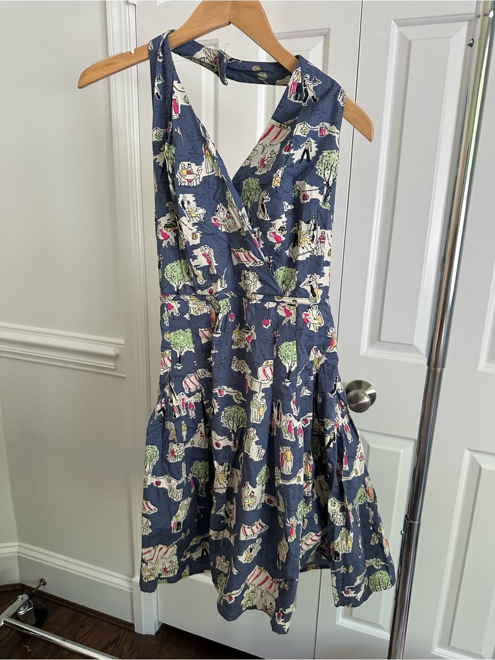 Boden Navy Blue Novelty French Cafe Print Fit-and-Flare Halter Summer Dress